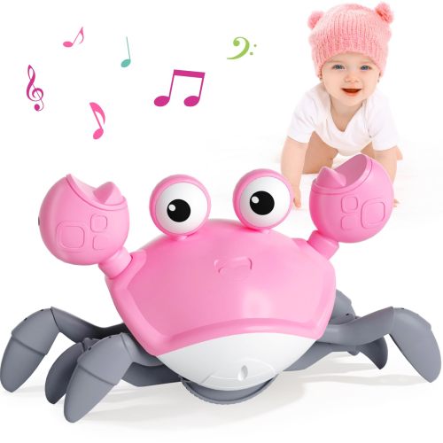 Pink Induction Crawling Crab with Music, Walking Dancing Crab Toy for Babies, Montessori Toy