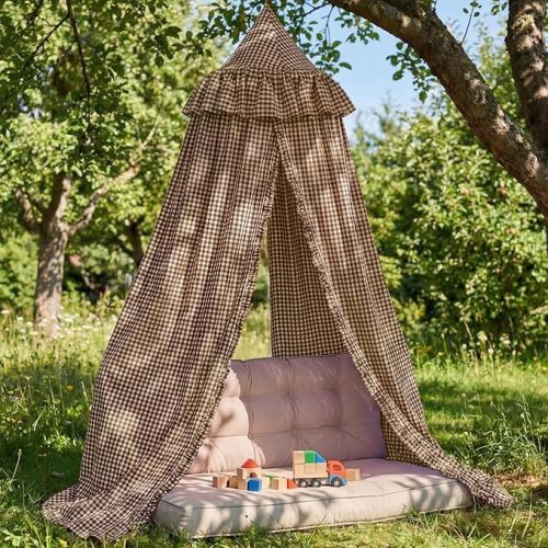 Gingham Plaid Bed Canopy with Ruffles Soft Vintage Style Decorative Tent for Reading Nook Play Area or Adult Bedroom Circus Tent Canopy(Brown)