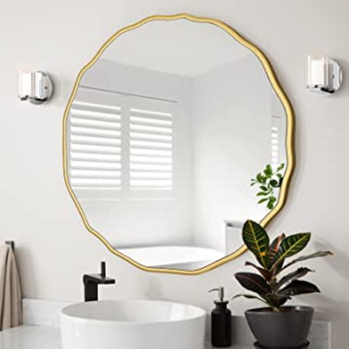 H HOMEWINS 28" Circle Wall Mirror,Gold Waved Decorative Round Mirror,Farmhouse Vanity Wood Mirror,Nursery Mirror,Large Rustic Irregular Mirror for Bathroom,Living Room,Bedroom,Washrooms