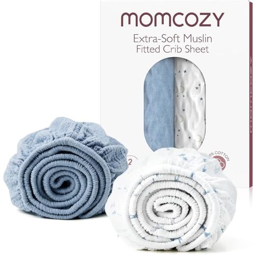 Momcozy Muslin Mini Crib Sheets Fitted - 38''x26'' Pack and Play Sheets for Pack N Play Mattress, 2 Pack Soft & Breathable Natural Cotton Non Slip Bed Cover for Boys, Girls, Blue Star Moon