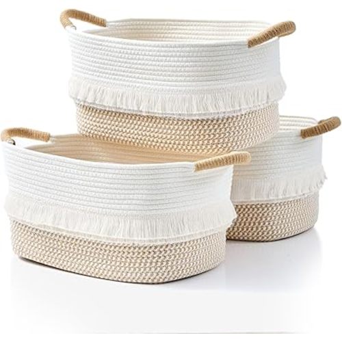 Storage Bins Woven Baskets for Storage Set of 3, Cotton Rope Basket with Handles for Toys/Shelves/Laundry, Rectangle Multi-Purpose Organizer for Living Room, Bedroom, Nursery (White/Brown)