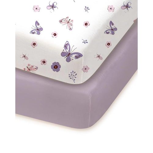 Pack and Play Sheets Fitted, Soft Purple+Butterflies, Hypoallergenic, Cozy and Safe, 2 Pack for Boys and Girls
