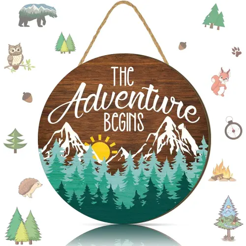 Chunful The Adventure Begins Wooden Hanging Sign, 12 x 12'' Woodland Nursery Decor, Green Trees Brown Background Inspirational Quotes Wooden Plank Sign for Home Cabin, Forest Camping Sign