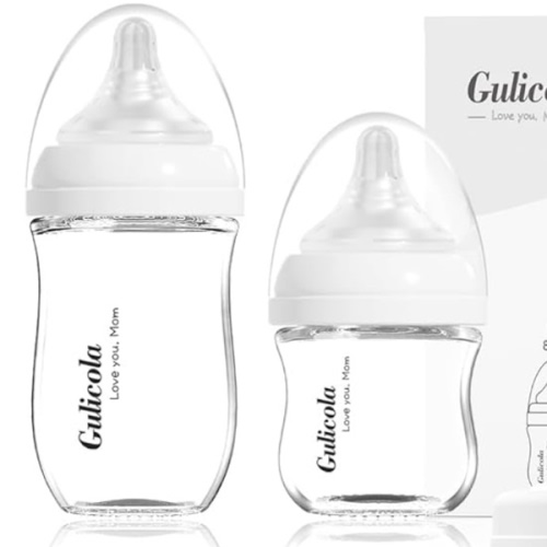 Gulicola Natural Glass Baby Bottle Newborn Set, 3 oz and 5 oz with Extra Slow Flow & Slow Flow Nipple, Anti Colic, 0-3 Months, 2 Pack - White