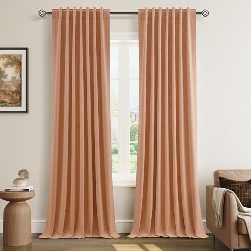 Guken 100% Blackout Curtains 90 Inch Length 2 Panels Set for Living Room Bedroom Back Tab Thermal Insulated Black Out Linen Drapes Room Darkening Peach Quartz,52x90