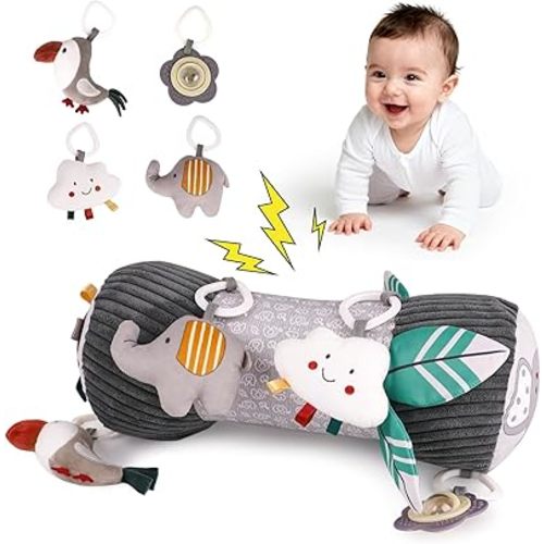 Inflatable Baby Tummy Time Toys Pillow for Newborn, Montessori Baby Sensory Toys Roller with Detachable Mirror, Squeaker, Teether & Rattle, Help with Early Development 3-6 Months(Elephant)