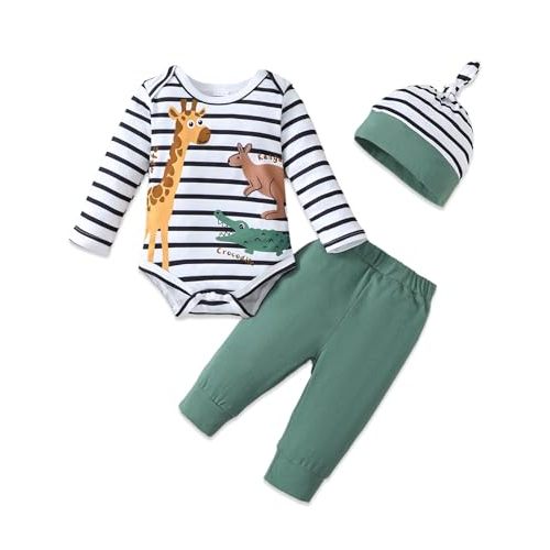 SUNNY PIGGY Baby Boy Clothes Newborn Boy Outfit Infant Romper Spring Summer Long Pants Set Hat 3PC