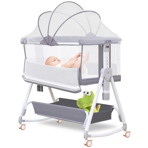 MEICHYUN Baby Bassinet Bedside Sleeper for Baby,Bedside Bassinet with Wheels and Storage Basket,All Mesh Portable Bassinet for Newborn,7 Height Adjustable Easy to Assemble Bedside Crib(3 in 1,Grey)