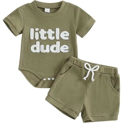 MERSARIPHY Newborn Baby Boy Summer Clothes Mama's Boy Little Dude Short Sleeve Romper Shorts Set Infant Waffle Knit Outfit