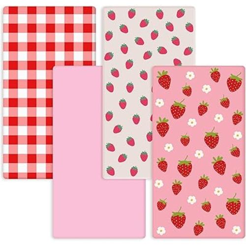 Hahafelt 4 Pack Strawberry Baby Crib Fitted Sheet for Girls 52'' x 28'' Strawberry Stretchy Neutral Fitted Crib Mattress Bed Sheet Pink Baby Bedding for Standard Mattress Gift Set