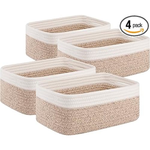 OIAHOMY 4 Pack Storage Baskets for Organizing, Small Bins for Shelves, Cute Decorative Storage Bins, Organizer Baskets for Gifts Empty, 11.8''Lx7.8''Wx4.7''H, Brown/White