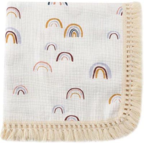 Boho Nursery Decor Rainbow Baby Blanket 40"x 47", Gender Neutral Swaddle Muslin with Fringe, Cotton Muslin Blanket Baby Girl Stuff