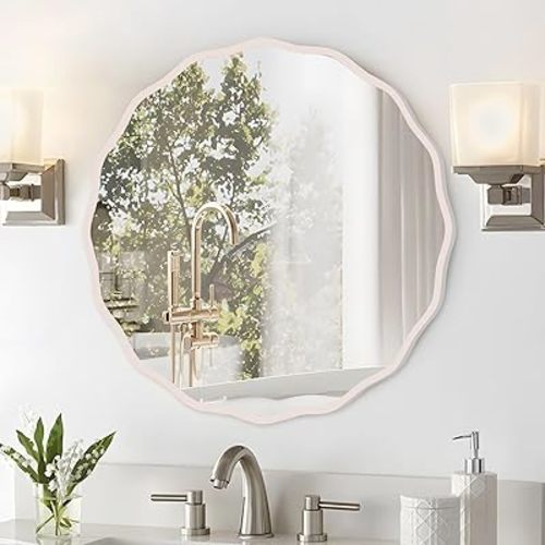 White Wavy Round Mirror for Wall Decorative 20" Modern Wavy Circle Mirror Nursery Mirror for Bathroom Bedroom Living Room Home House Office Entryway