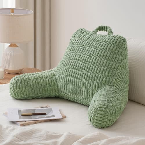 Blissful Diary Reading Pillow, Backrest Pillow with Shredded Memory Foam for Adult & Children, Designed for Bed and Couch Sitting Up, Includes Arms, Pockets and Washable Cover, Sage Green