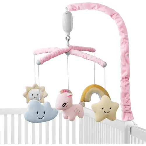 Feisike Crib Mobile for Girls - Baby Mobile for Crib with 35 Lullabies, 3 Modes Digital Musical Box（Turn Only, Music Only, Turn & Music, Pink, Nursery Toys, Nursery Decor, Knob Type