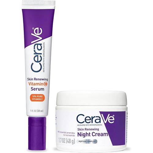 CeraVe Vitamin C Serum and Night Cream Skin Care Set, Brightening Serum with 10% Pure Vitamin C and Night Moisturizer with Peptides, Hyaluronic Acid and Ceramides, 1oz Vit C + 1.7oz Moisturizer