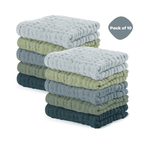 Comfy Cubs Baby Washcloths, Muslin Cotton Baby Towels, Large 10”x10” Wash Cloths (Multi Boy, Pack of 10)
