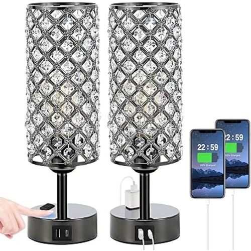 Hong-in Crystal Table Lamp Touch Control Set of 2, 3-Way Black Crystal Lamps with USB C+A Ports & AC Outlet, Dimmable Nightstand Desk Lamp,Modern Bedside Table Lamp for Bedroom(Bulbs Included)