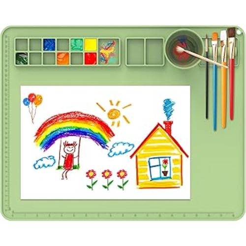 IYYI Silicone Painting Mat, Paint Mat with Cup and Palette, 20"X16" Siliocne Pad for Crafts, Resin, Clay, Kids Art Pad with Raised Edge (Apple Green)