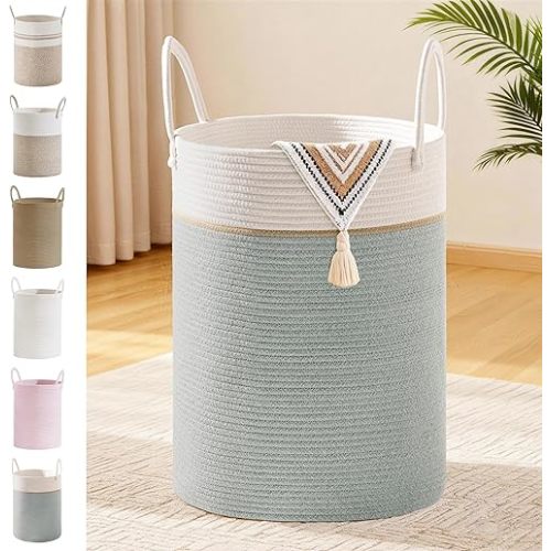 Tall Laundry Basket with Handles, 72L Portable Dirty Clothes Hamper, Boho Cotton Rope Storage Bin for Blankets Kids Toys Gifts, Large Organizer for Baby Nursery Bedroom Bathroom, Sage Green
