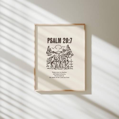 Vintage Western Cowboy horse with Psalm 20:7 Christian wall decor, Modern Christian Artwork, religious wall art gift, Wild West decor