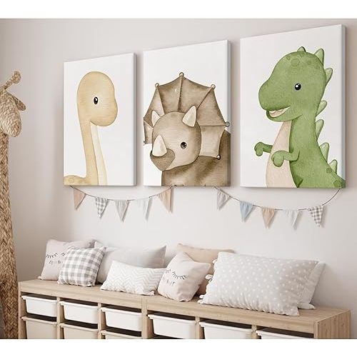 Dinosaur Wall Art Kids Boys Room Canvas Wall Decor Dino Nursery Wall Art Pictures Baby Dinosaur Poster Prints for Boys Bedroom Bathroom 16x24 Inch Framed Set of 3