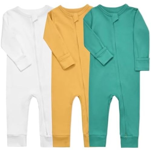 Aablexema Baby Cotton Fooltess Pajamas with Mitten, 3-pack Infant Romper Zip Up One Piece Jumpsuits Outfit