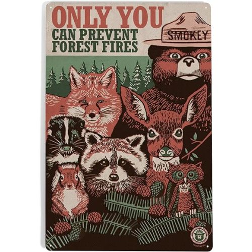 Lantern Press 12x18 Inch Metal Sign, Smokey Bear and Woodland Creatures, Only You Can Prevent Wildfires