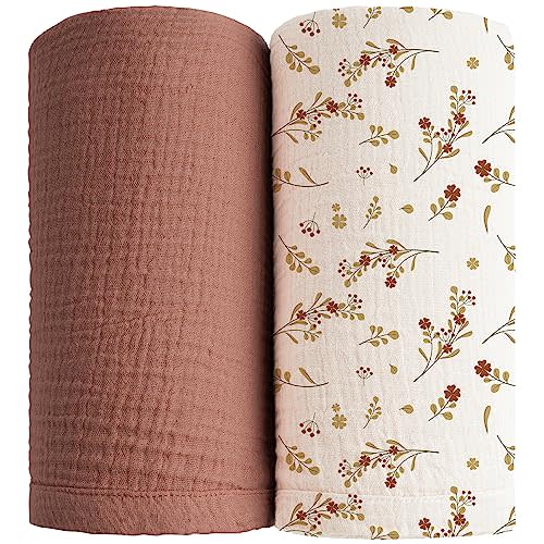 Konssy 2 Pack Muslin Fitted Bassinet Sheets for Baby Girl Boy, Soft Breathable Baby Bassinet Sheets Fit for Baby Bassinets, Cradle, Moses Basket Oval Rectangle Pad/Mattress (Chestnut, Floral)