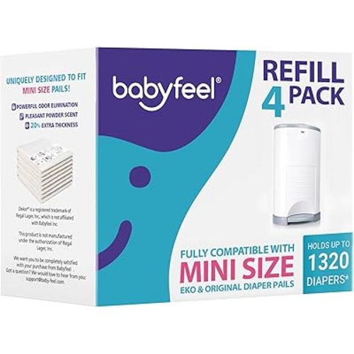 Babyfeel Refills Compatible with DEKOR MINI Diaper Pails | 4 Pack | Exclusive 20% Extra Thickness | Diaper Pail Refills with Powerful Odor Elimination | Powder Scent | Holds up to 1320 Diapers
