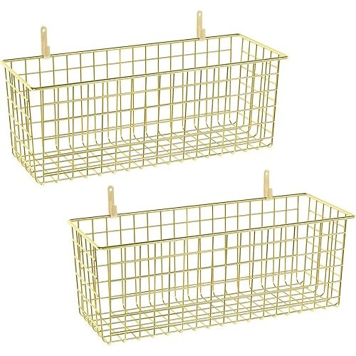 2 Sets Extra Large Hanging Wall Basket, Gold Metal Wire Baskets with Steel Hooks for Organizing, WallmountedFruit Vegetable Toy Snack Storage, Home Kitchen Bathroom Laundry Pantry Organizer