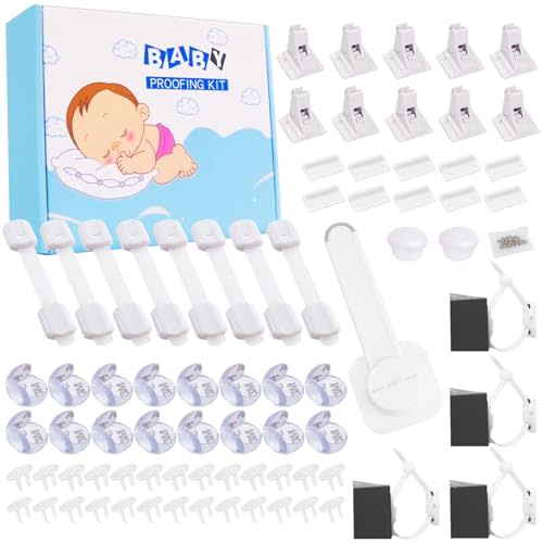 67 Packs Baby Proofing Kit including 10 Cabinet Locks & 2 Keys, 8 Adjustable Safety Latches, 26 Outlet Covers, 16 Baby Proof Corners, 4 Anti Tip Furniture Anchors Kit and 1 Toilet Seat Lock.