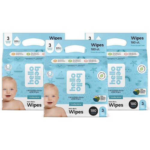 Hello Bello Baby Wipes I Plant Based Wipes for Sensitive Skin Made with 99% Water and Aloe for Babies and Kids I Unscented I 540 Count (9 Packs of 6) - 180 Count (Pack of 3)