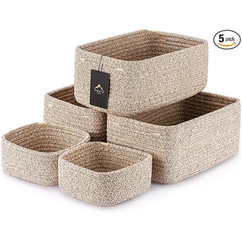 5-Pack Small Woven Rope Storage Baskets – 2 Sizes Organizer Bins for Closet, Shelf, Bookshelf, Nursery, Changing Table, Fabric Cube Boxes, Rectangular Shallow Bins for Bathroom, Toy & Home