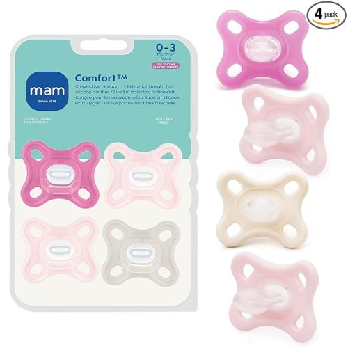 MAM Comfort Baby Pacifier 0-3 Months, Specially for Smaller Newborn Mouths, Lightweight One-Piece BPA-Free Silicone, Easy to Clean, Best for Breastfed Babies, 4 Pk, Made in Europe