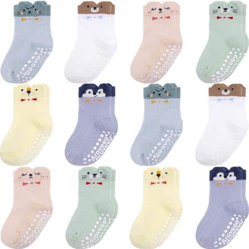 Non Slip Grip Ankle Baby Socks 12 Pack for Toddler Boys and Girls Kids,Infant Cute Cotton Baby Socks