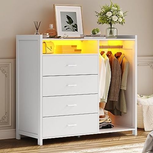 VIAGDO Dresser for Bedroom with Clothes Rail, Chest of 4 Drawers with LED Lights, Modern White Dresser with Open Storage Space for Bedroom Entryway, Large Capacity