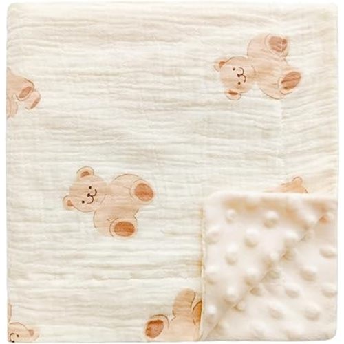 Muslin Baby Blanket Soft Double Layer 100% Muslim Cotton Plush Fluffy Dotted Fleece Back Swaddle Blankets Neutral Receiving Bassinet Bed Nursery Quilt for Babies Toddler Girls Boys 30 x 40 Inches