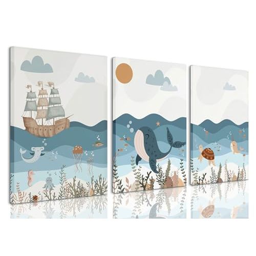 LYPHNX Framed Blue Ocean Nautical Nursery Canvas Wall Art Sea Turtle Whale Animal Painting Picture Set of 3 Kids Prints Poster Wall Decor for Baby Boys Girl Children's Room Bedroom Bathroom 12"x16"