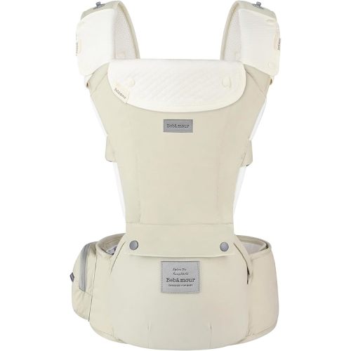 Bebamour Baby Carrier Safety-Certified Hip Seat Baby Carrier Newborn to Toddler Baby Carrier Hipseat 0-36Months with Head Hood, 3 PCS Teething Pads, Waist Extender & Storage Bag (Khaki)
