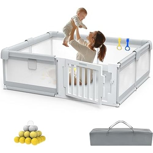 71" ×59" Large Baby Playpen with Gate, Baby Play Pen for Infants and Toddlers, Baby Play Yard for 6-12 Months, Baby Fence Playyard for Living Room, Anti-Fall, Breathable Mesh, Easy Access