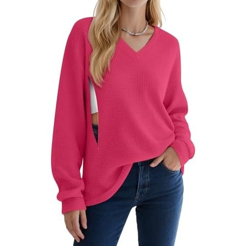 Sweetyweee Women’s Waffle Knit Nursing Shirts, Long Sleeve Oversized Breastfeeding Tops Hidden Zipper V Neck Maternity Tops