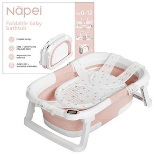 TUMAJUP Collapsible Baby Bathtub for Infants and Toddlers with Bath Net and Thermometer-Pink
