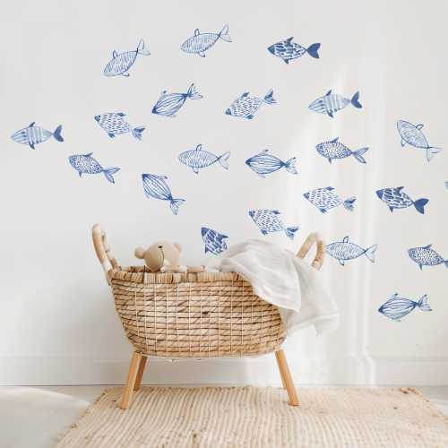 Coastal Watercolor Fish Decals – Peel & Stick Modern Farmhouse Boho Decor, Beach House Wall Art, Minimalist Sea Life Stickers