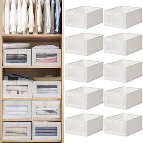 Linen Closet Organizers And Storage, 10 Pack Foldable Clothing Bins Linen Closet Baskets for Closet Organization Large Foldable Box with Window For Organizing Clothing, Jeans, Shelves, Beige