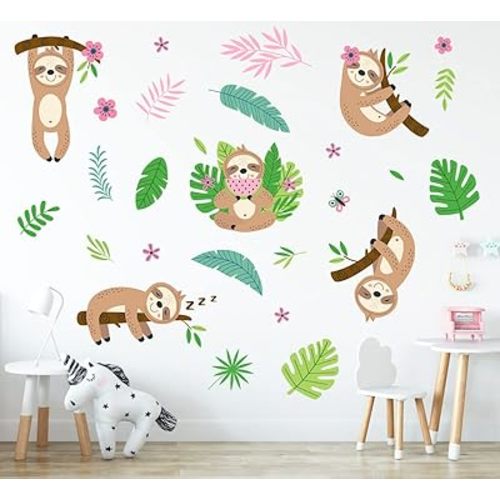 Funny Sloth Wall Stickers - DIY Cute Sloth & Tropical Plants Wall Decals Peel & Stick Art for Boys & Girls Room, Playroom, Baby Nursery Wall Decor