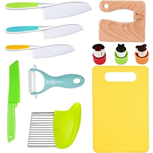 Kids Cooking Set Real, Montessori Kitchen tools, Toddlers Safe Knife Tools  Set (Include Wood and Plastic Knife, Crinkle Cutter, Peeler, Cutting