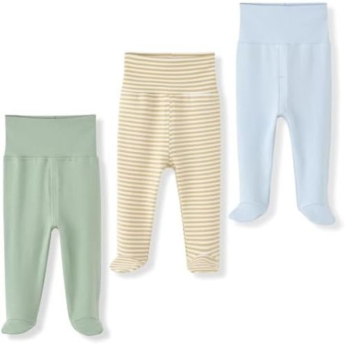 Newborn Infant Baby Boys Girls 3-Pack Cotton High Waist Footed Pants with Feet 0-12 Months