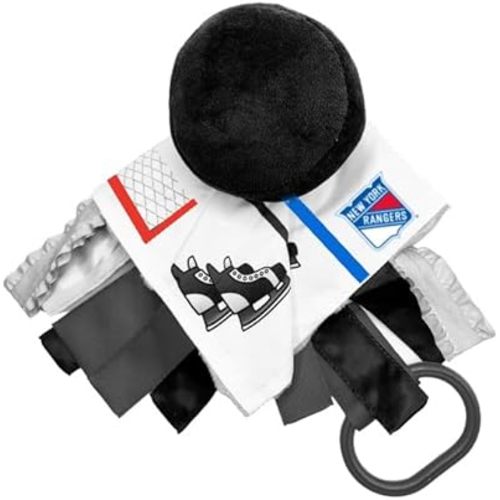 The Learning Lovey New York Rangers Baby Tag Toy - NHL Hockey Baby Sensory Crinkle Toys - Soft & Safe - Ideal Baby Stroller Toy - BPA Free w/Stroller Clip (10" x 10" Tag Toy)