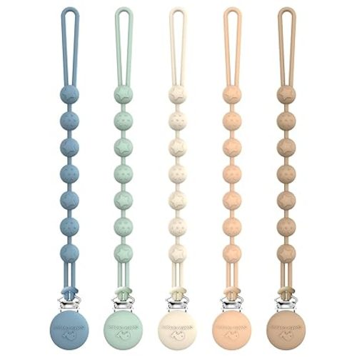 Cuddle Campus Silicone Pacifier Clip Holder with One Piece Design,Soft Flexible Binky Clips with Texture for Baby Boy and Girl Pack of 5 (6m+)